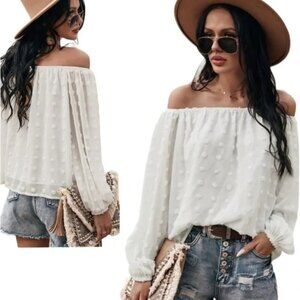 Miss Sparkling White Swiss Dot Off-Shoulder Blouse | Size Large